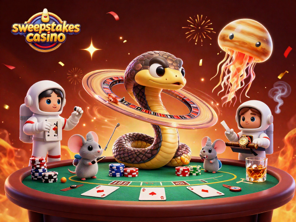 Engage in the thrill of sweepstakes casino with colorful cartoon characters and vibrant game elements.