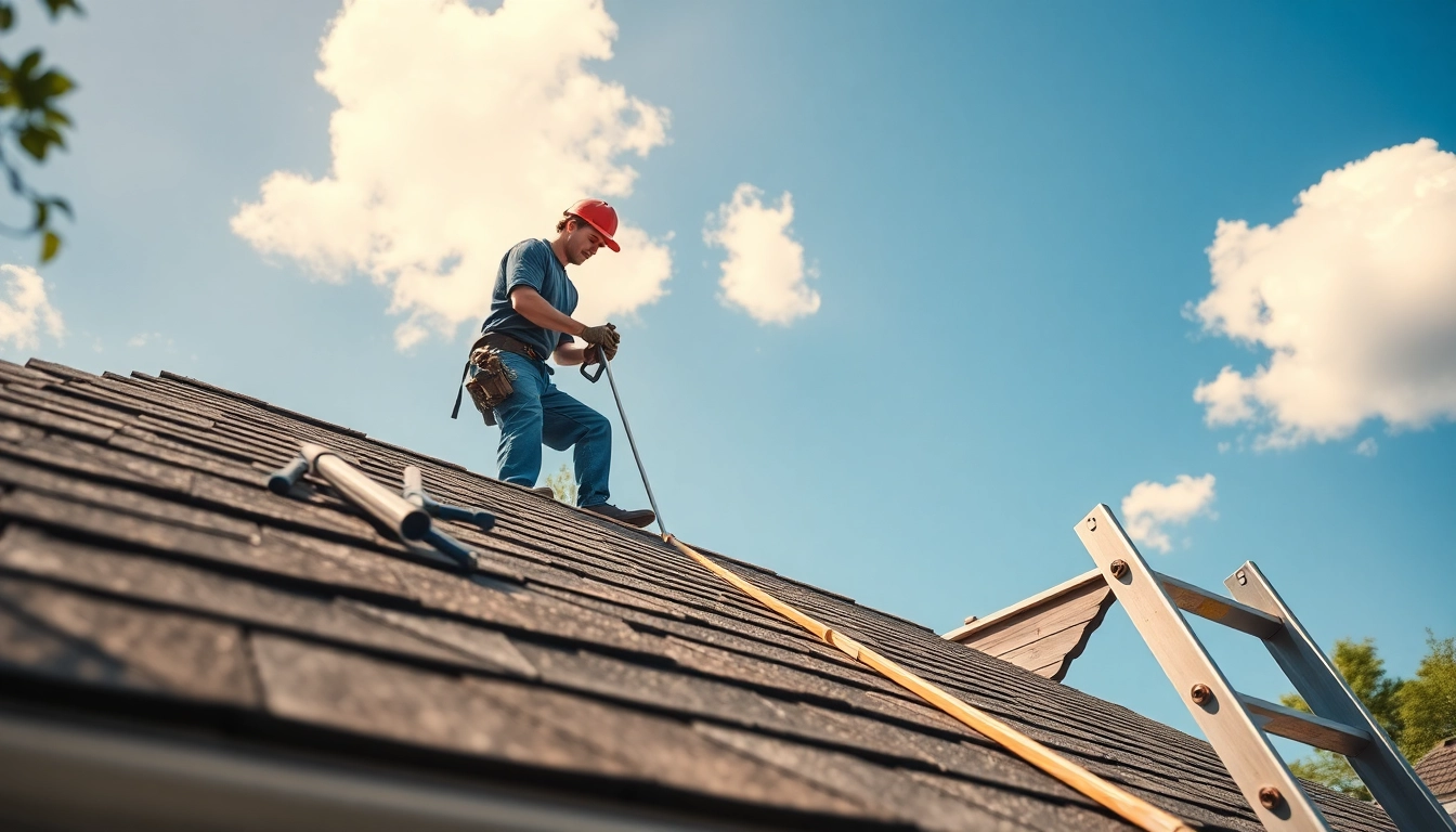 Contractor performing roof repair on a residential home, showcasing expertise.