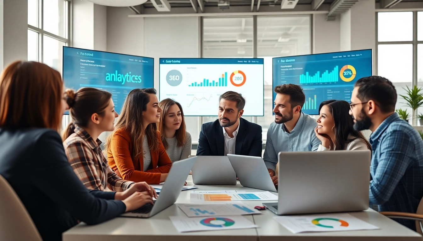 Engaging Clearwater FL SEO consultation highlighting a vibrant team collaboration in a modern office.