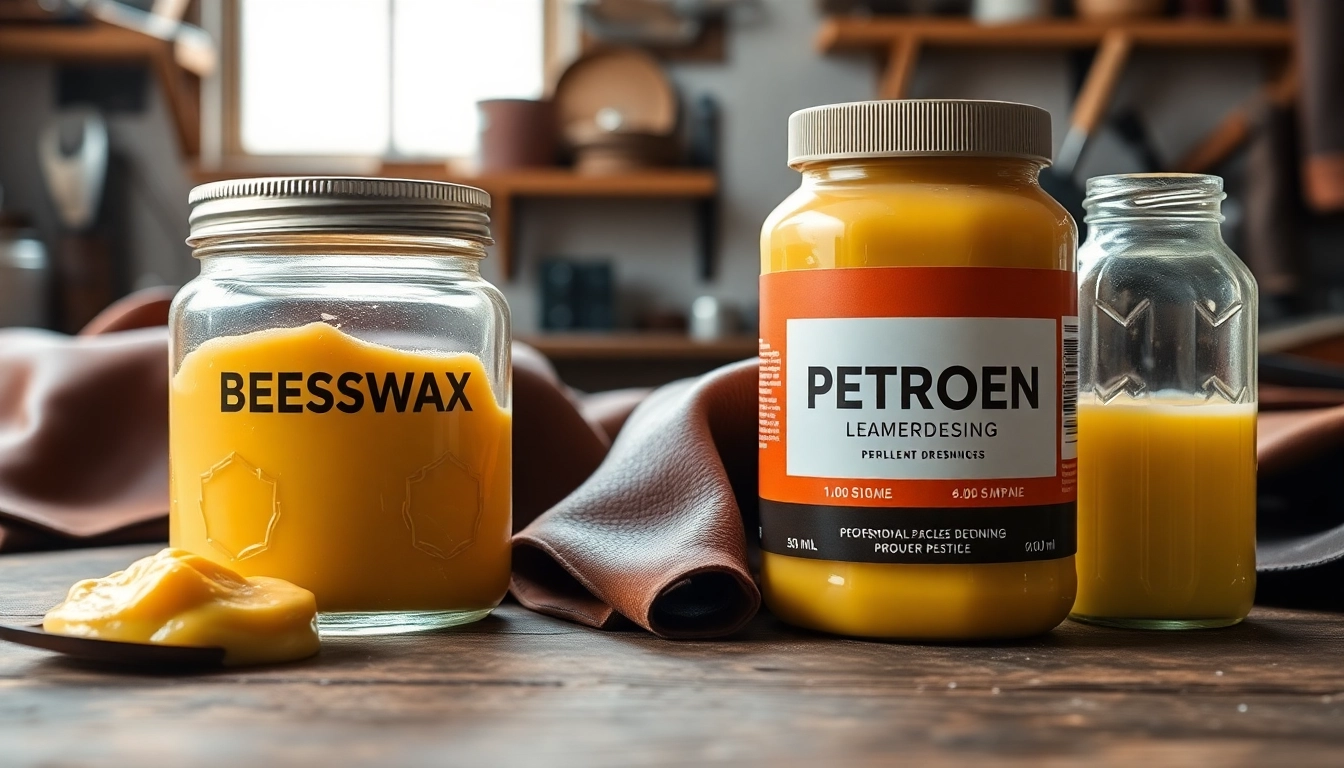 Compare Beeswax vs. Petroleum-based leather dressings showing beeswax and petroleum products.