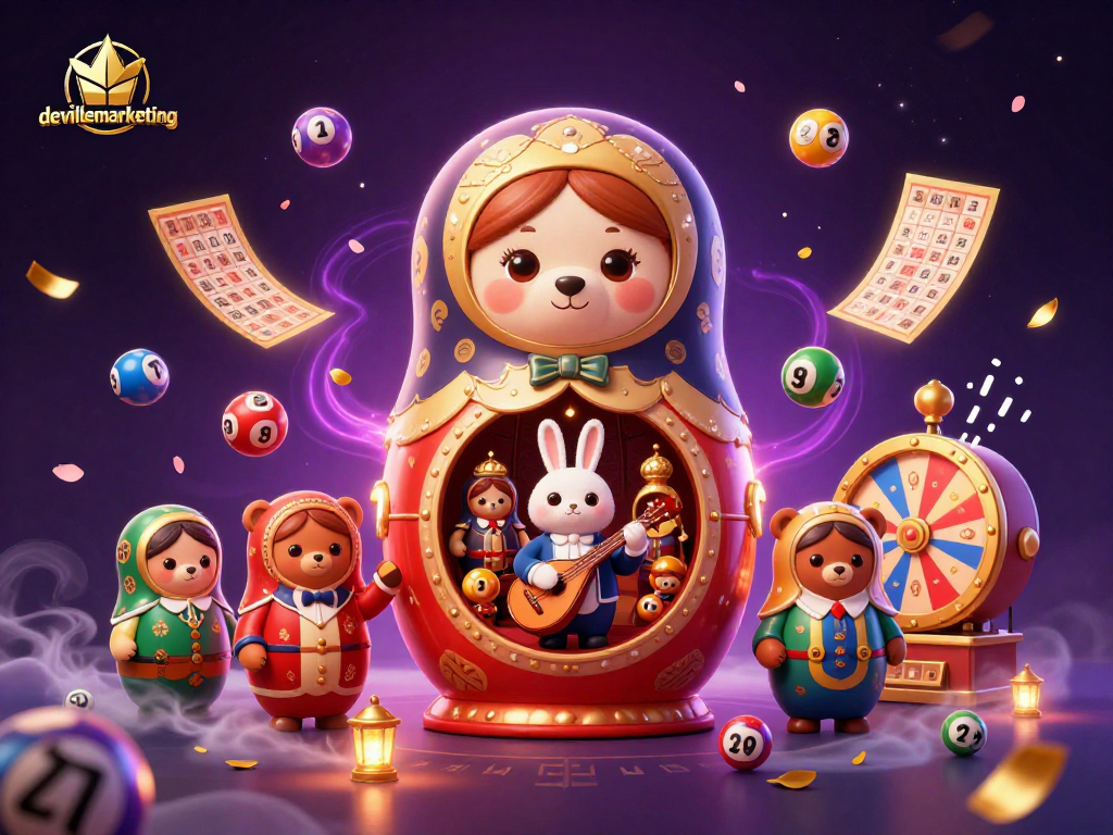 Menangkan permainan lottery dengan devillemarketing, terlihat berbagai bola dan elemen kasino yang menari-nari penuh warna.
