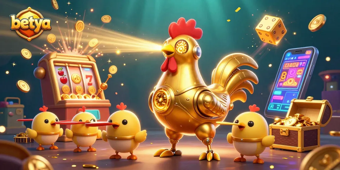 Experience excitement with betya's golden rooster robot surrounded by dynamic casino elements.