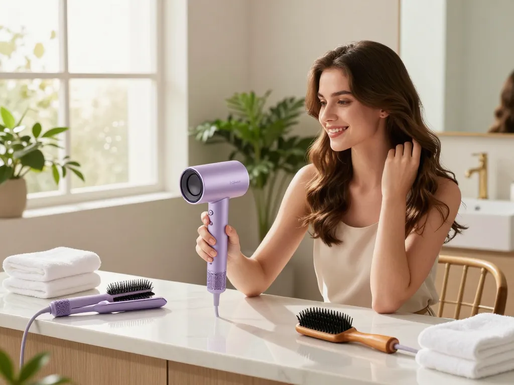Laifen hair dryer in a stylish bathroom, enhancing hair care experience with vibrant colors and luxury.