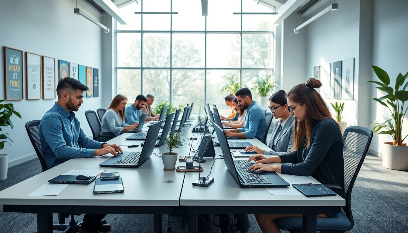 Enhance your skills at a professional typing center offering modern workspaces and engaged individuals.
