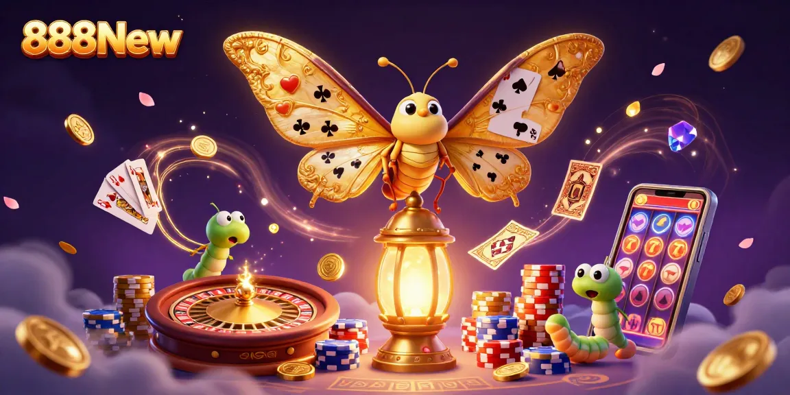 Experience winning with 888New amidst fluttering golden moths and cascading casino treasures.