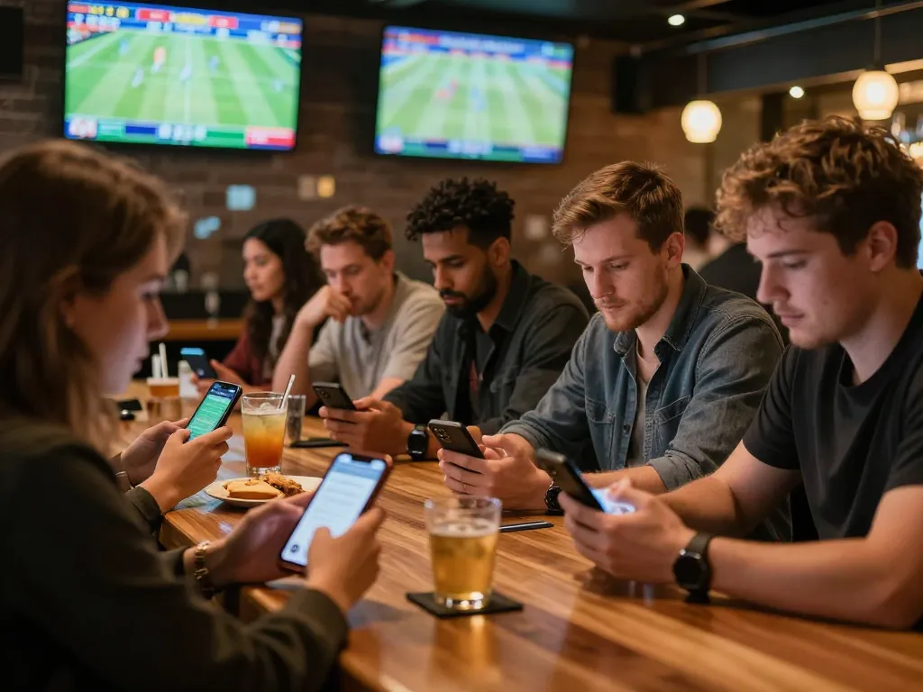 Engaged patrons placing bets on their devices at a lively sports bar enhancing the sc88 experience
