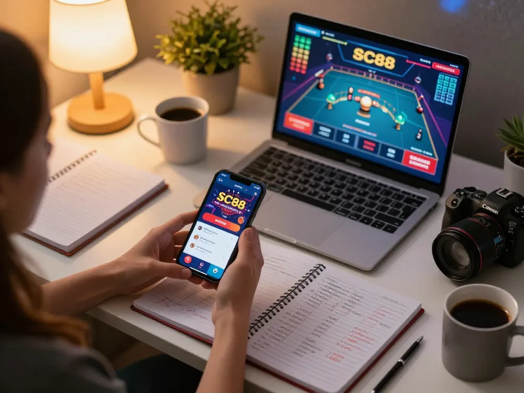 Player engaging with SC88 app on smartphone during online casino game, demonstrating strategic gambling.