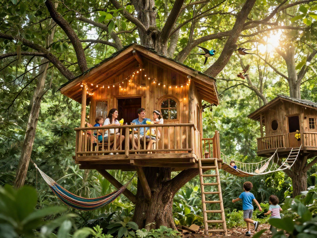 Tree house life in a lush forest setting with a family enjoying time together.