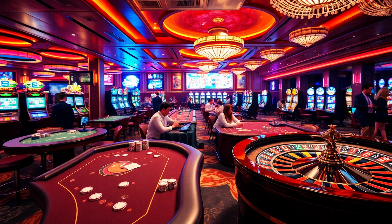 Experience thrilling casino action at https://tr88.work/ with players enjoying card games and vibrant slot machines.
