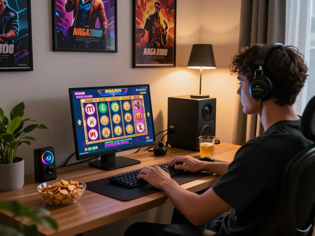 NAGA2000 player spinning slots on sleek laptop in a cozy home setting, evening ambiance.