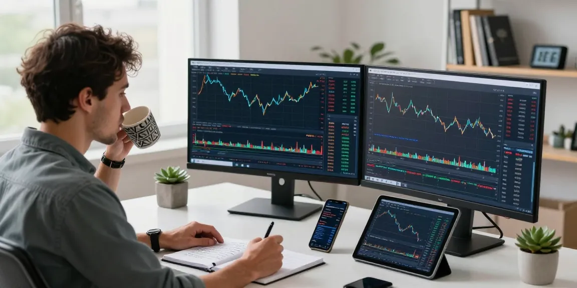 Trader actively using MetaTrader 5 on multiple screens in a modern office, showcasing trading strategies and market analysis.
