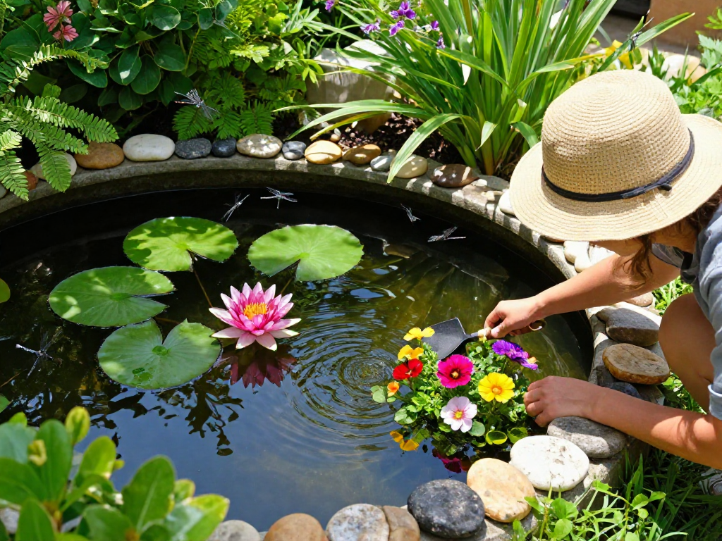 Pond plants thrive in a beautiful garden pond with vibrant water lilies and lush greenery.