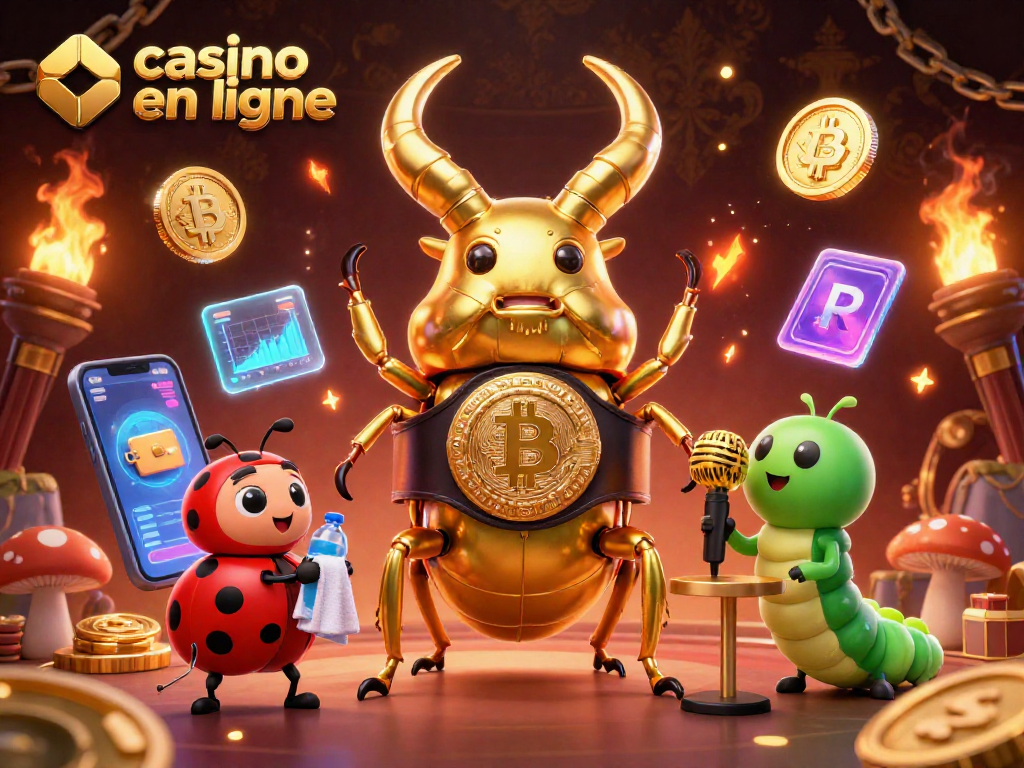 Casino en ligne : visuel dynamique avec des personnages de croupiers sur scène entourés de monnaies numériques