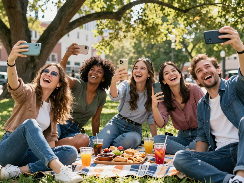 Friends exploring how old do I look in a joyful picnic setup, capturing their playful expressions outdoors.