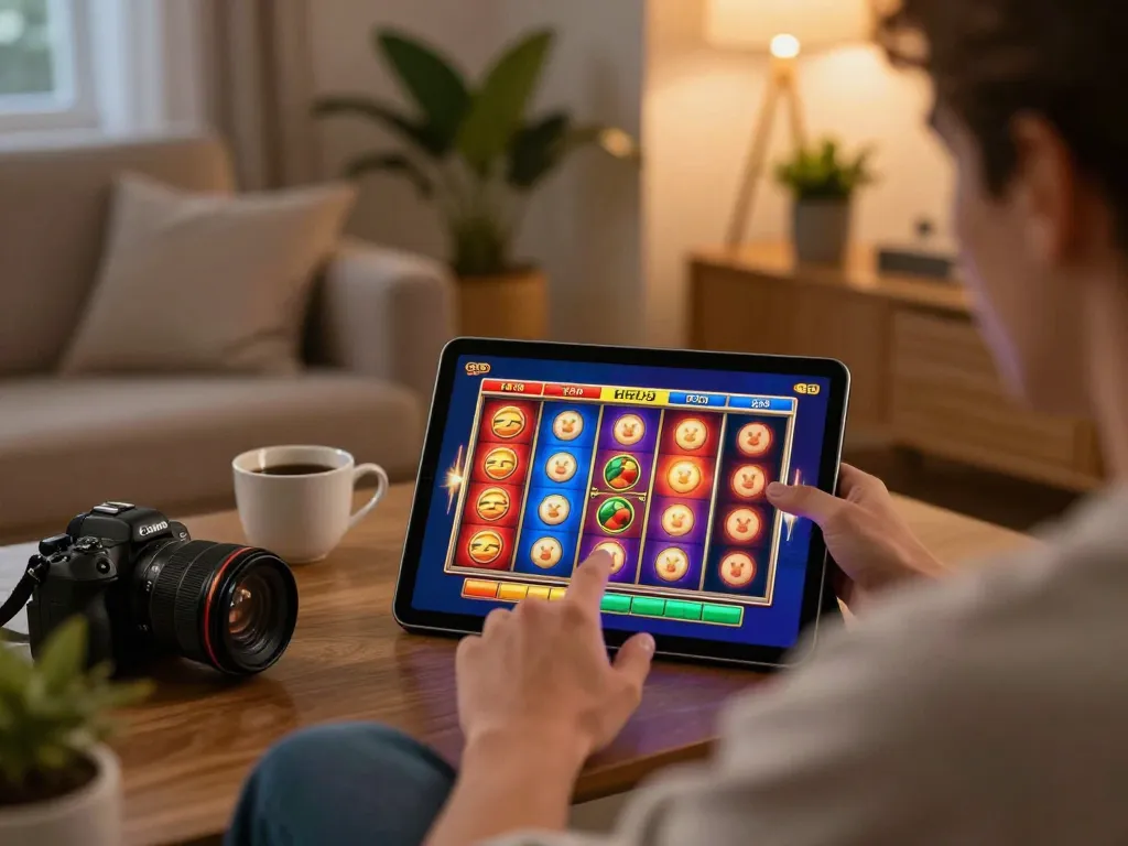 Engaging in exciting SLOT gameplay on a tablet in a cozy home setting, highlighting a strategic approach.