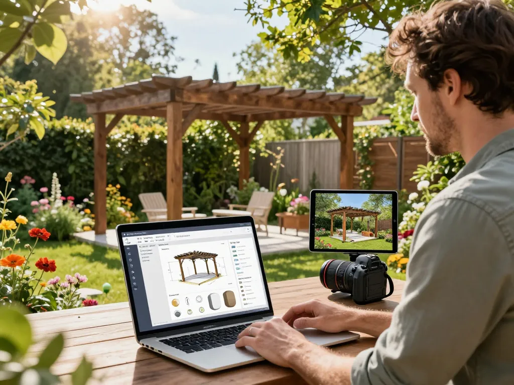 Designer using Pergola Configurator Software to visualize a customizable pergola in a beautiful garden setting.