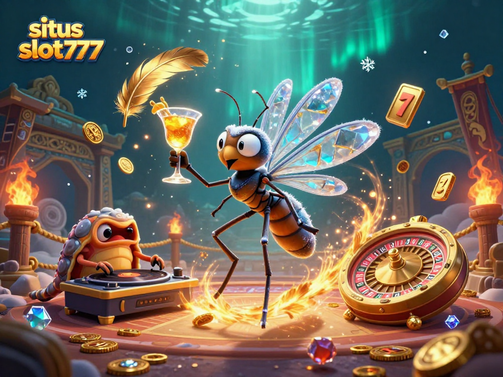 Experience thrilling games at situs slot777 with a lively mosquito mascot, trilobite DJ, and dynamic casino elements.