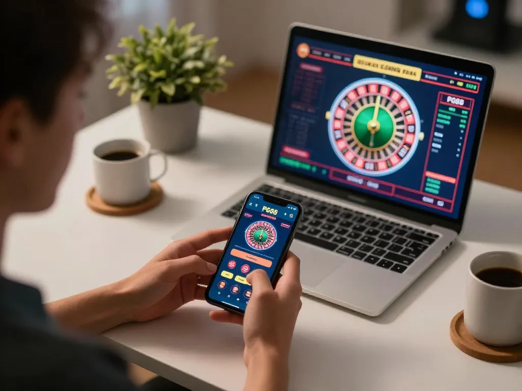 Engaging with PG88 casino app on smartphone in stylish home gaming setup