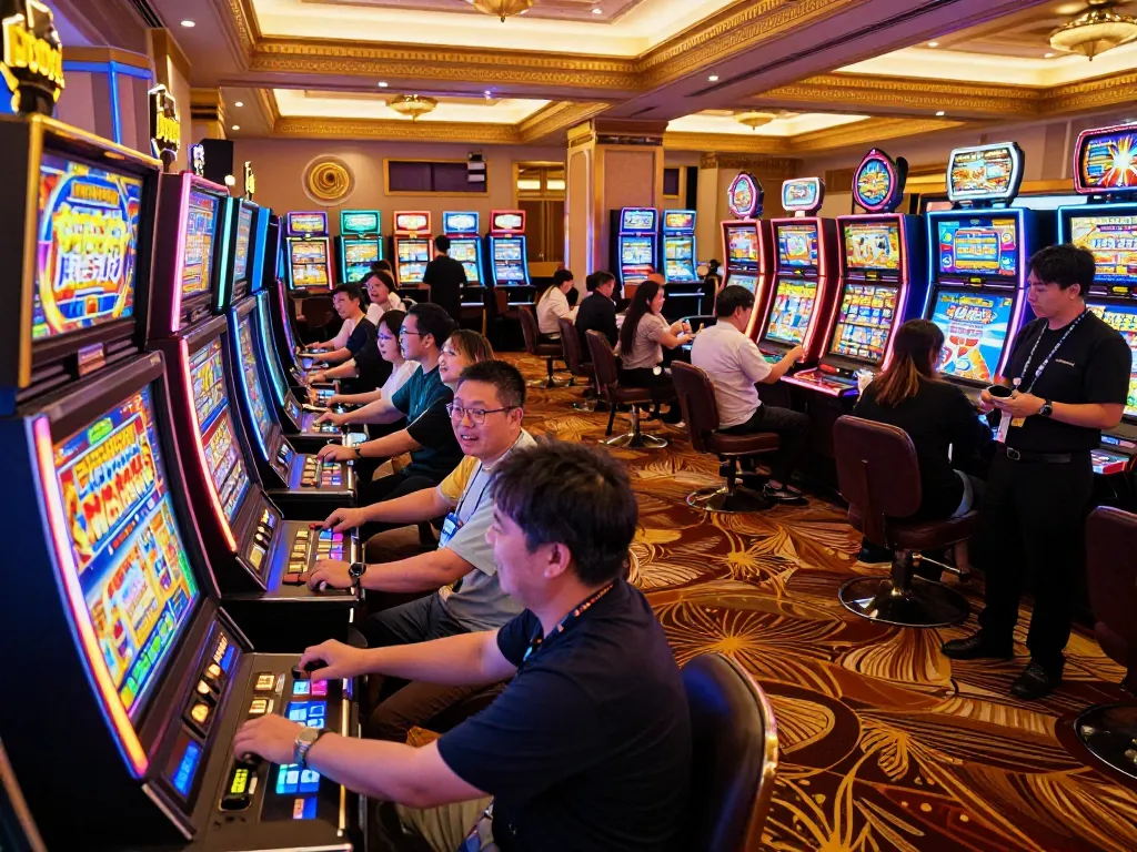 Players enjoying slot Jepang machines in a lively casino atmosphere with vibrant lighting.