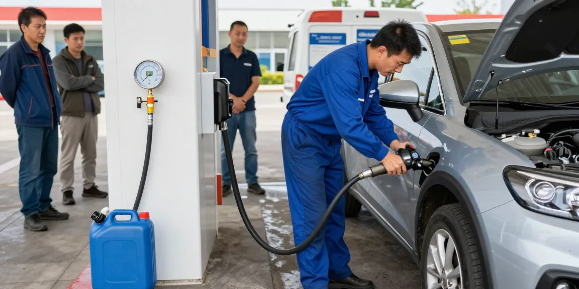 Quick diesel in petrol car recovery by a technician at a fueling station.