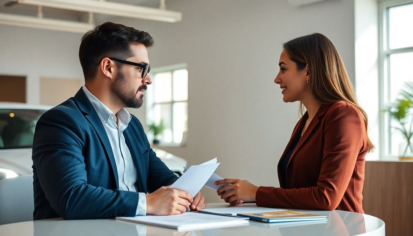 Assessing extended car warranty for used cars with a professional consultant in a modern office.
