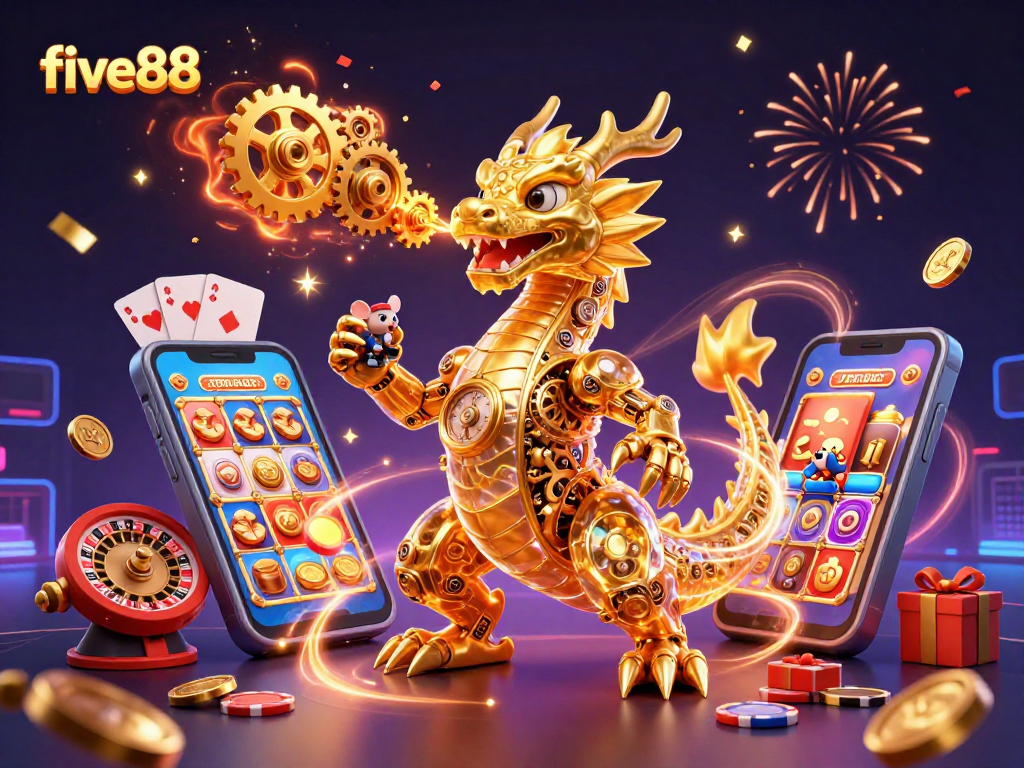 Experience the excitement of five88 with a golden dragon and vibrant casino elements.