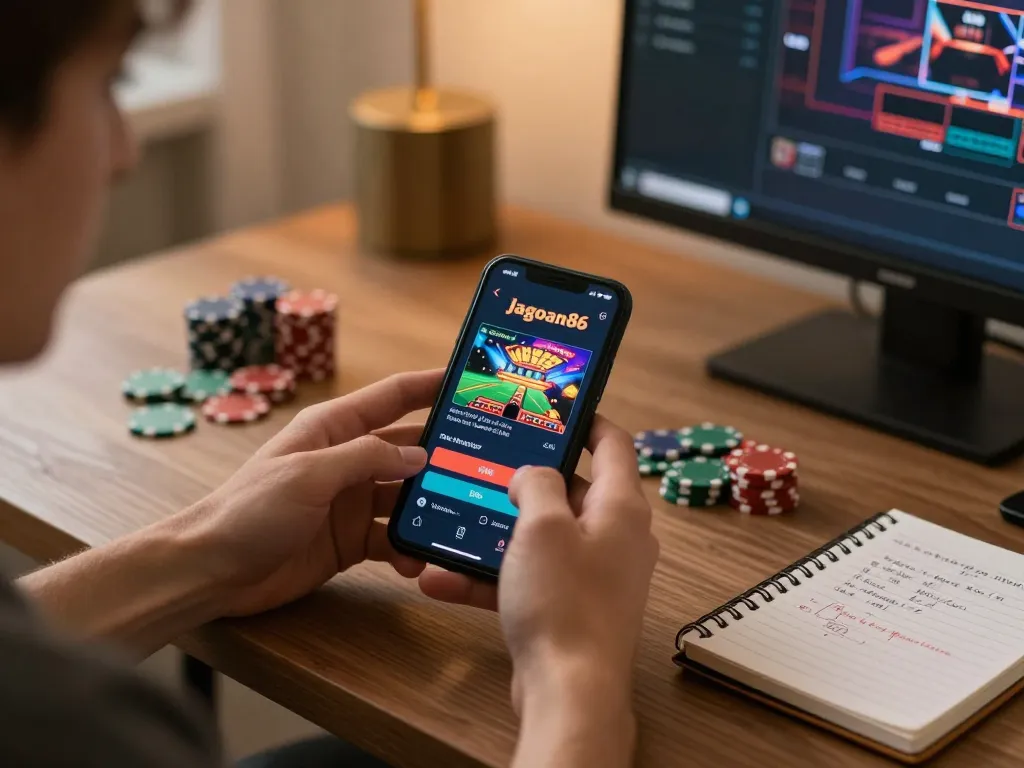 Player enjoying jagoan86 online casino on smartphone, showcasing strategy notes and cozy setup