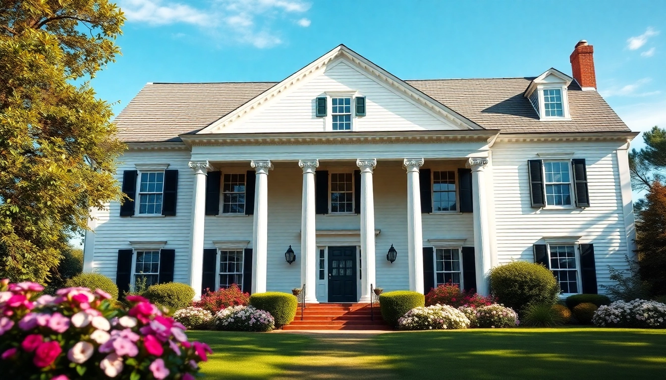 Showcasing an elegant colonial home build with grand columns and lush landscaping.