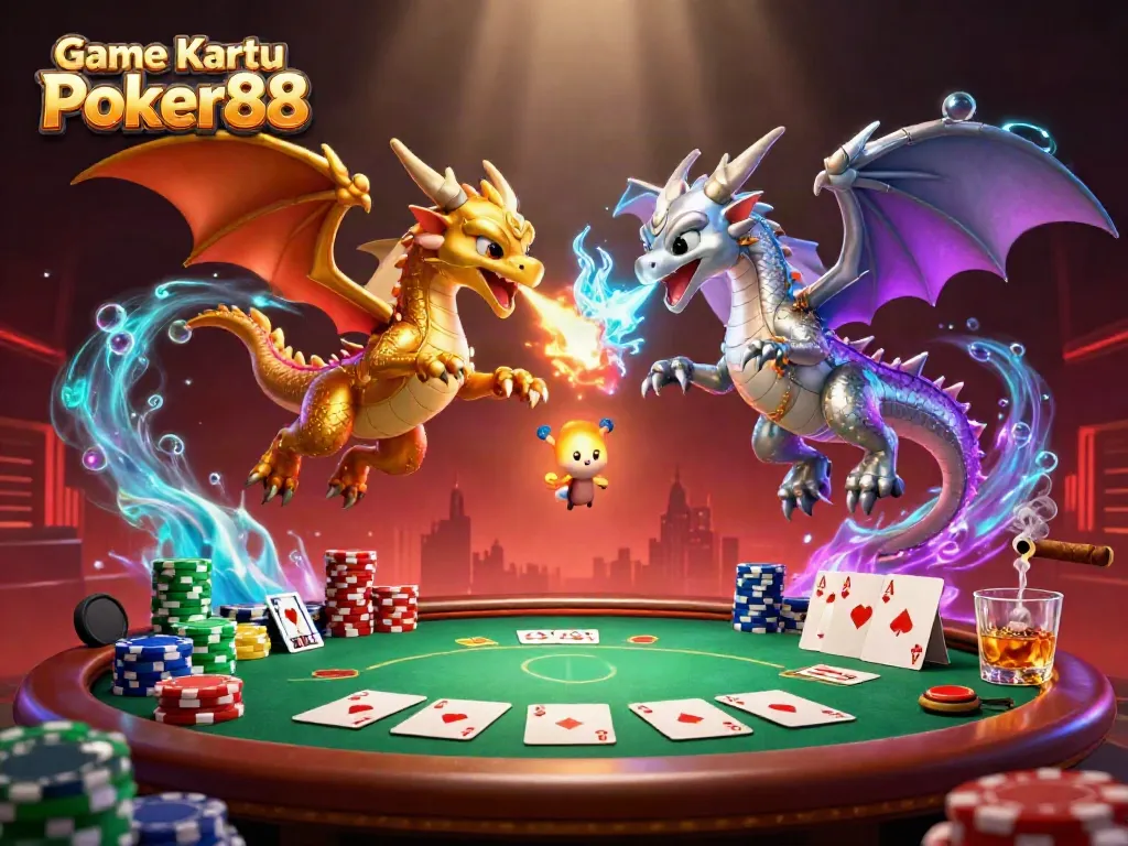 Engage with Game Kartu Poker88 in an explosive duel between dragons amidst a poker showdown.