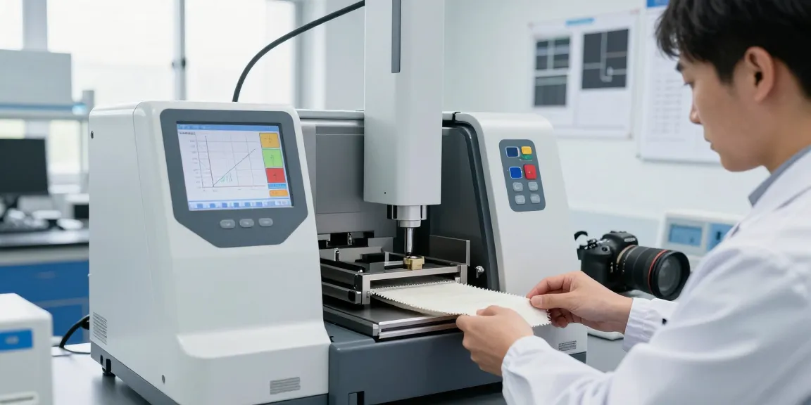 SmartPull tensile strength tester in a high-precision textile testing lab, measuring прибор для испытания на растяжение ткани.