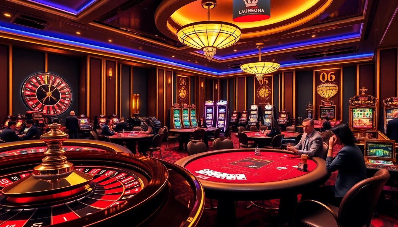 Experience the excitement of new66 with vibrant casino visuals featuring poker, roulette, and slot machines.