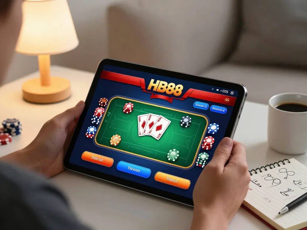 Player enjoying HB88 free mobile casino gaming experience on a tablet in a cozy home setting.