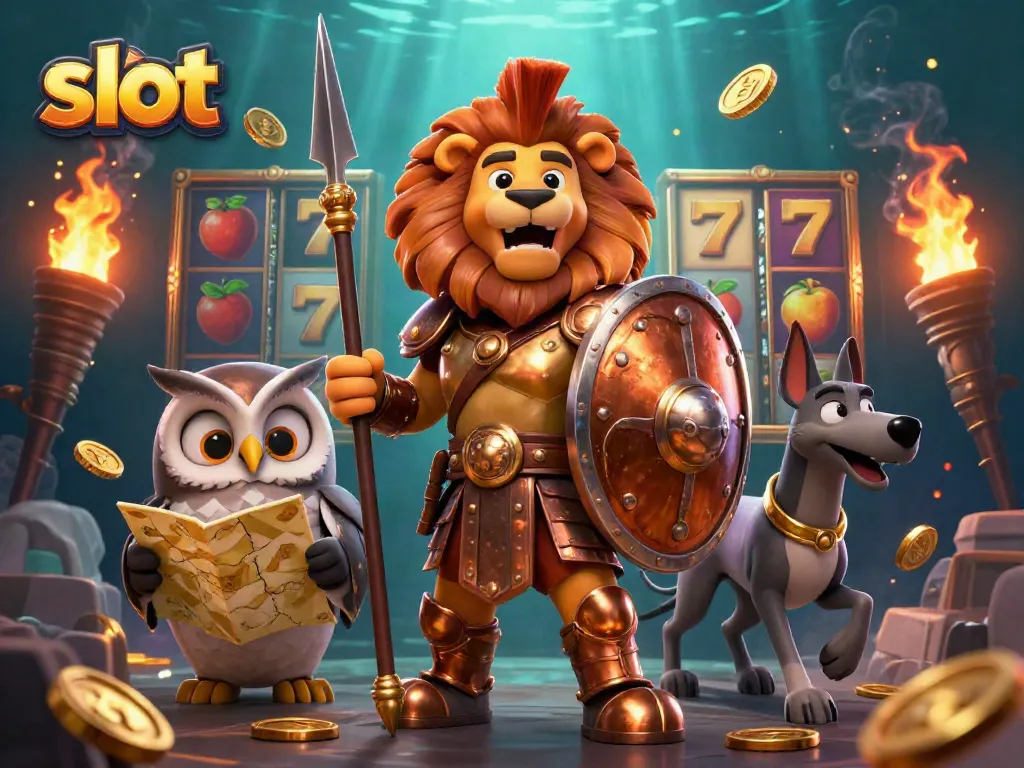 Spin the slot reels with excitement in this vibrant 3D casino illustration featuring lucky characters.
