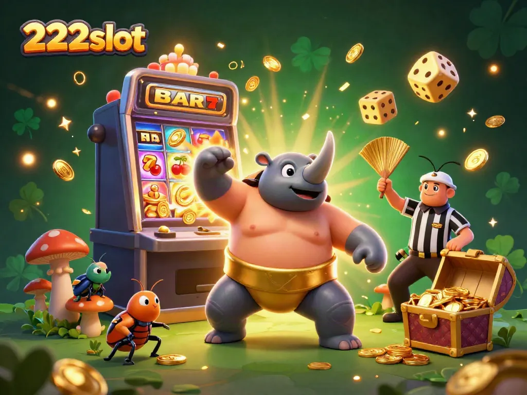 Ilustrasi 3D yang memperlihatkan 222slot dengan karakter jengger badak di arena judi yang penuh warna.