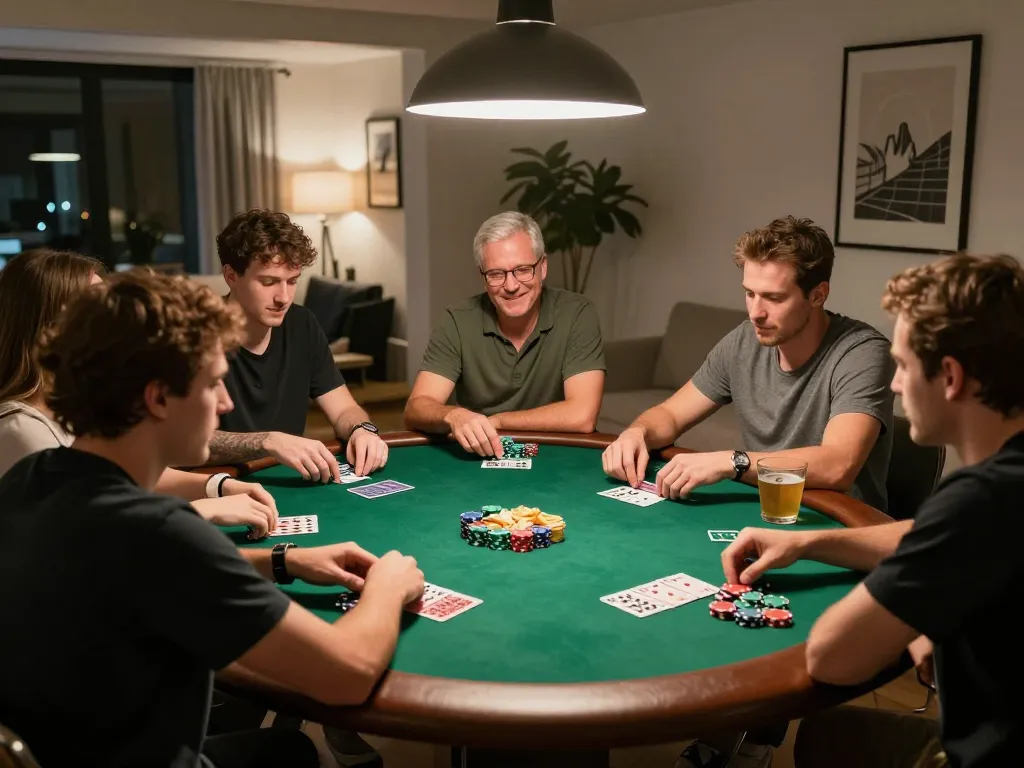 Players enjoying poker with friends at home, showcasing the vibrant atmosphere of 98win9 gaming.