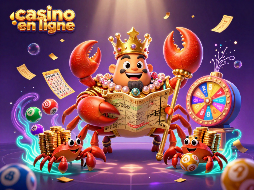 Plongez dans l'univers du casino en ligne avec ce roi crabe doré entouré de jeux et trésors captivants.