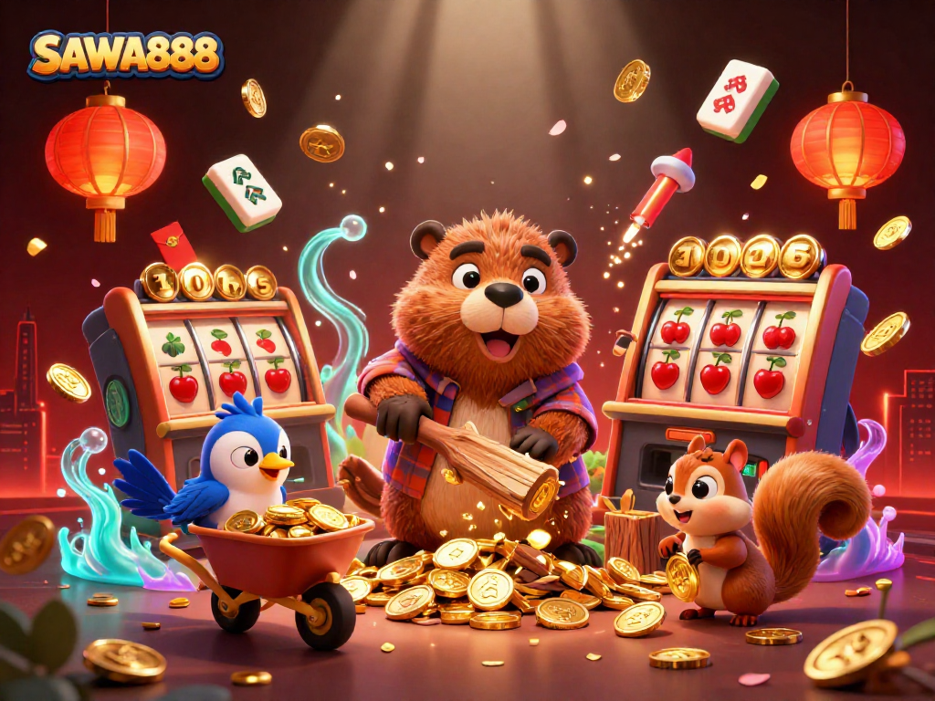 Engage in thrilling slot action with SAWA888 as cartoon characters rain golden coins from a tree!
