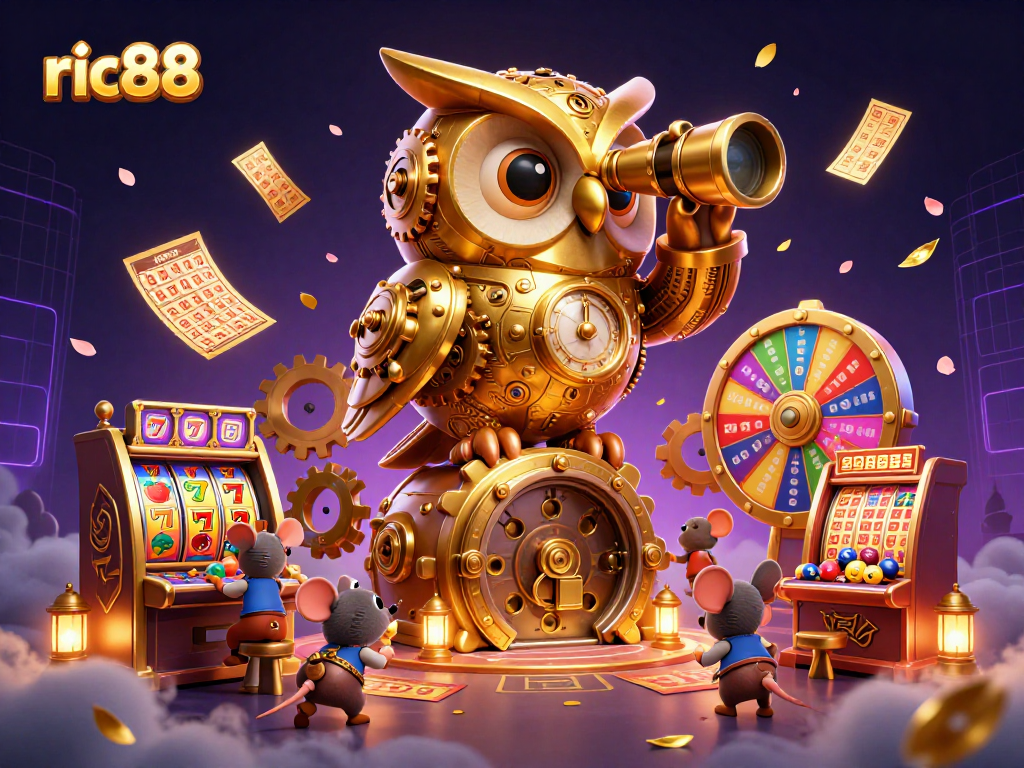 Experience the exciting ric88 casino atmosphere with a 3D golden owl overseeing lively games and dynamic lottery elements.