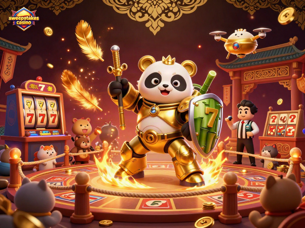 Sweepstakes casino showcases a vibrant arena with a golden panda piloting a robot, amidst cheers and glittering coins.