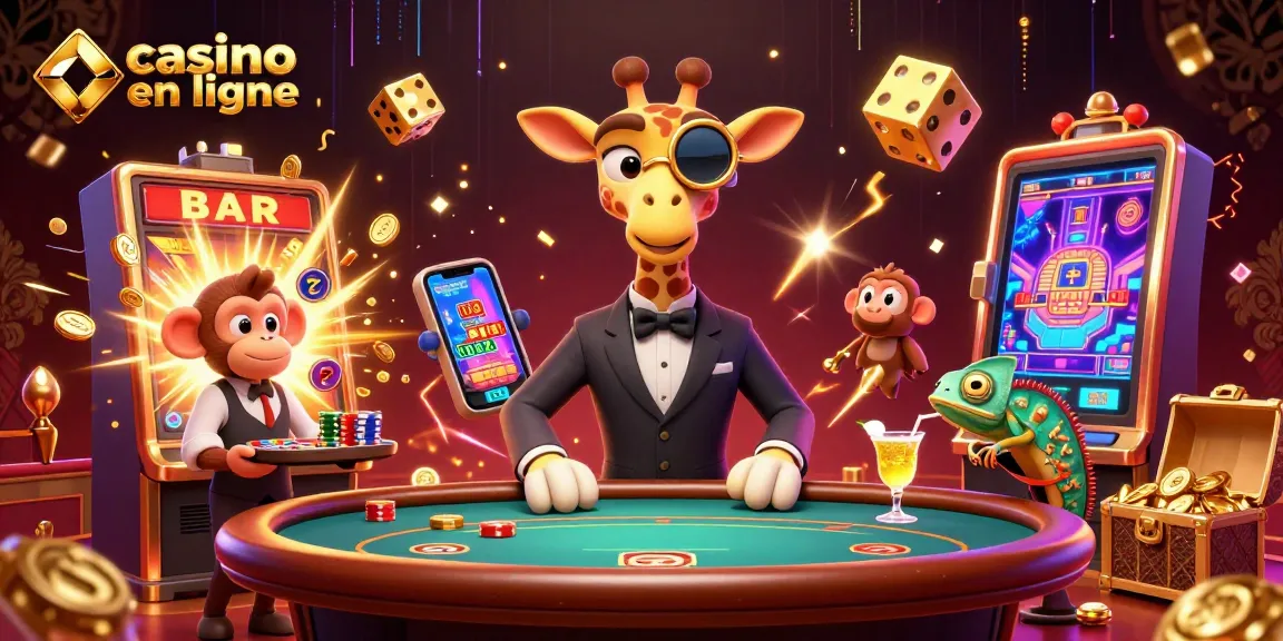 Découvrez l'excitation du casino en ligne avec une girafe charismatique et des personnages animés dans un environnement vibrant.