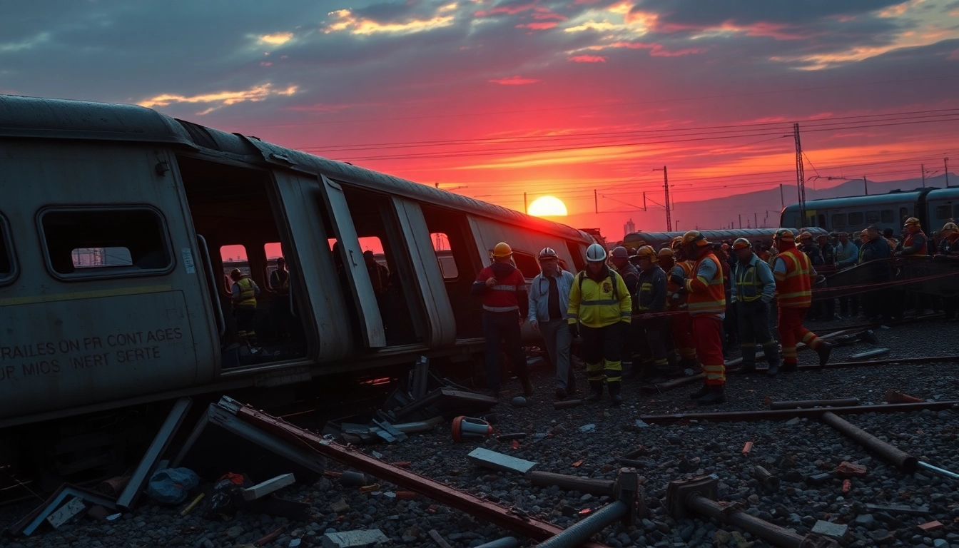 Spain train crash scene showing emergency responders working to rescue victims.