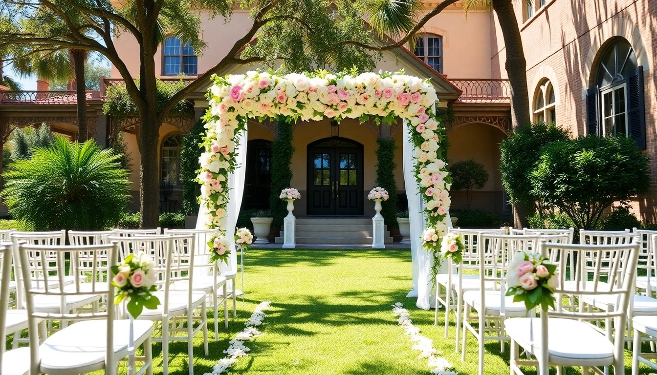 Stunning outdoor view of a Jacksonville Wedding Venue, showcasing a beautifully decorated ceremony setup.
