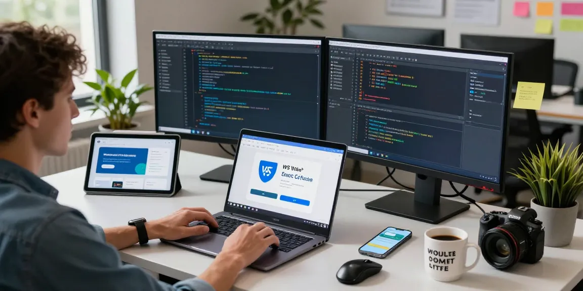 WPS Download process on high-performance laptop in a vibrant tech workspace, showcasing productivity tools and multitasking.