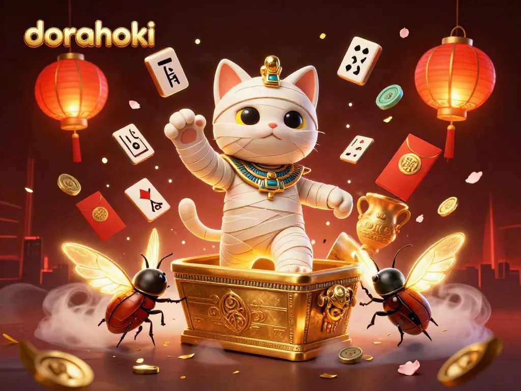 Dorahoki menghadirkan kucing mummy 3D dan elemen kasino dalam ilustrasi yang penuh warna dan detail, menarik perhatian pemain.