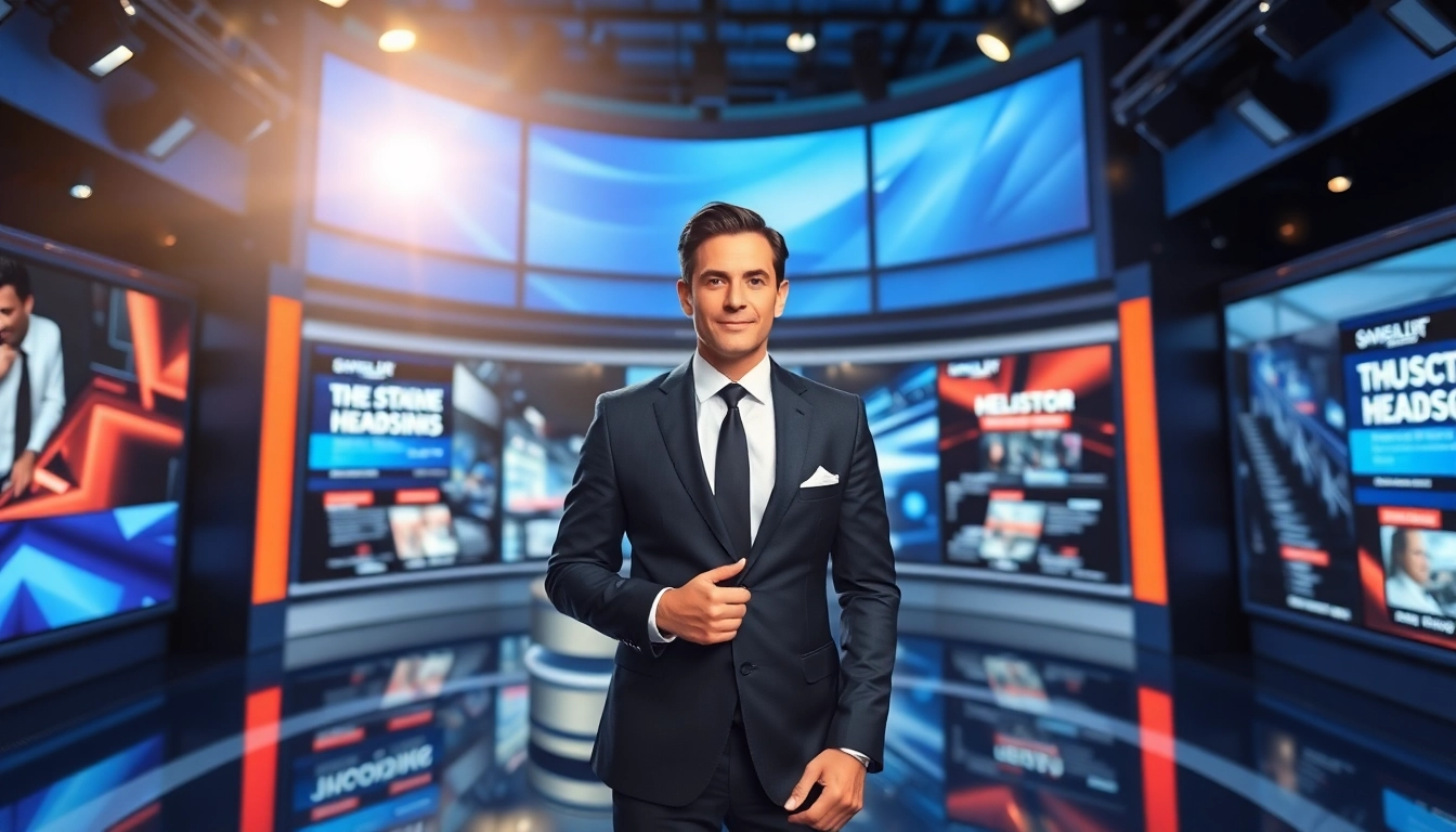 Engaging news anchor delivering the latest news in a modern studio.
