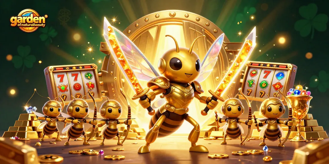Menang dalam gardenofnaturalbeauty dengan ilustrasi 3D berisi hornet emas bermain slot dan harta karun berkilauan.