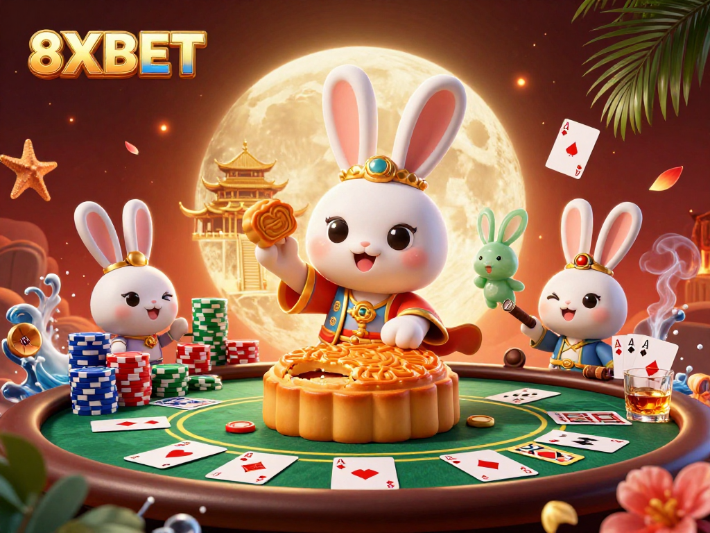 Engage with 8XBET's vibrant 3D casino scene showcasing animated characters and dynamic poker elements.