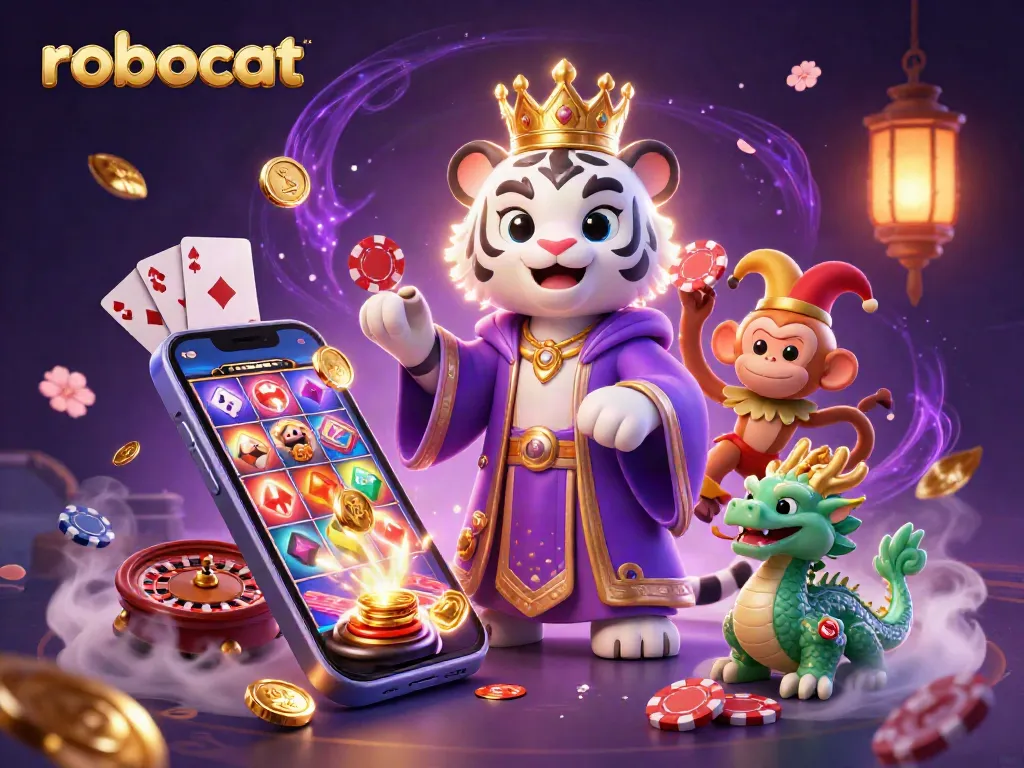 Engage with robocat at a vibrant online casino featuring a playful tiger, monkey, and animated games.