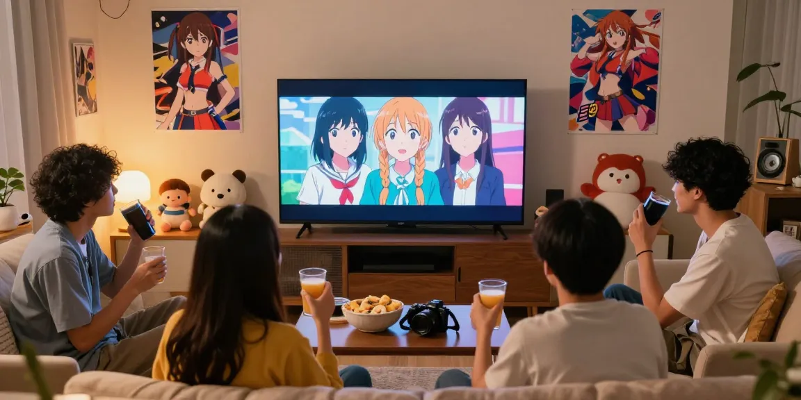 Penonton anime di AnimePlay menikmati tayangan di ruang tamu yang nyaman dengan dekorasi penuh warna.