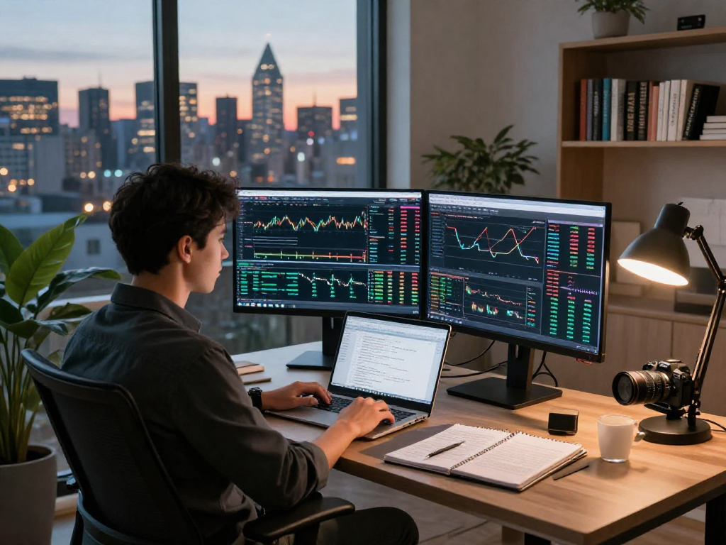 TradingView interface displayed on dual monitors in a modern trading office.